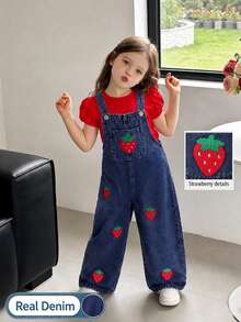 SHEIN Playful Pals 女童牛仔寬肩帶無袖水果印花口袋鈕扣長款鬆身連身褲 秋冬款 - 深色水洗藍 - 查看 1