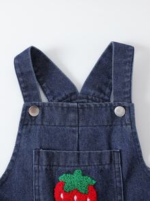 SHEIN Playful Pals 女童牛仔寬肩帶無袖水果印花口袋鈕扣長款鬆身連身褲 秋冬款 - 深色水洗藍 - 查看 8