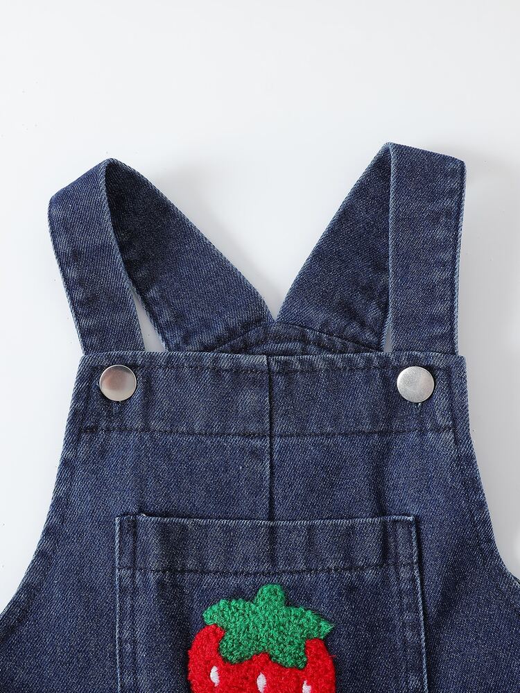 SHEIN Playful Pals Young Girl Denim Wide Strap Sleeveless Fruit Print Pocket Button Long Overall Loose Fit Romper Autumn Winter - Dark Wash - View 8