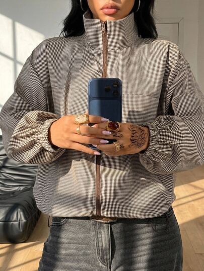 Coolane Women's Autumn Streetwear Going Out Basic Athleisure Brown Plaid Old Money Stand Collar Varsity Jacket,Airport Outfit