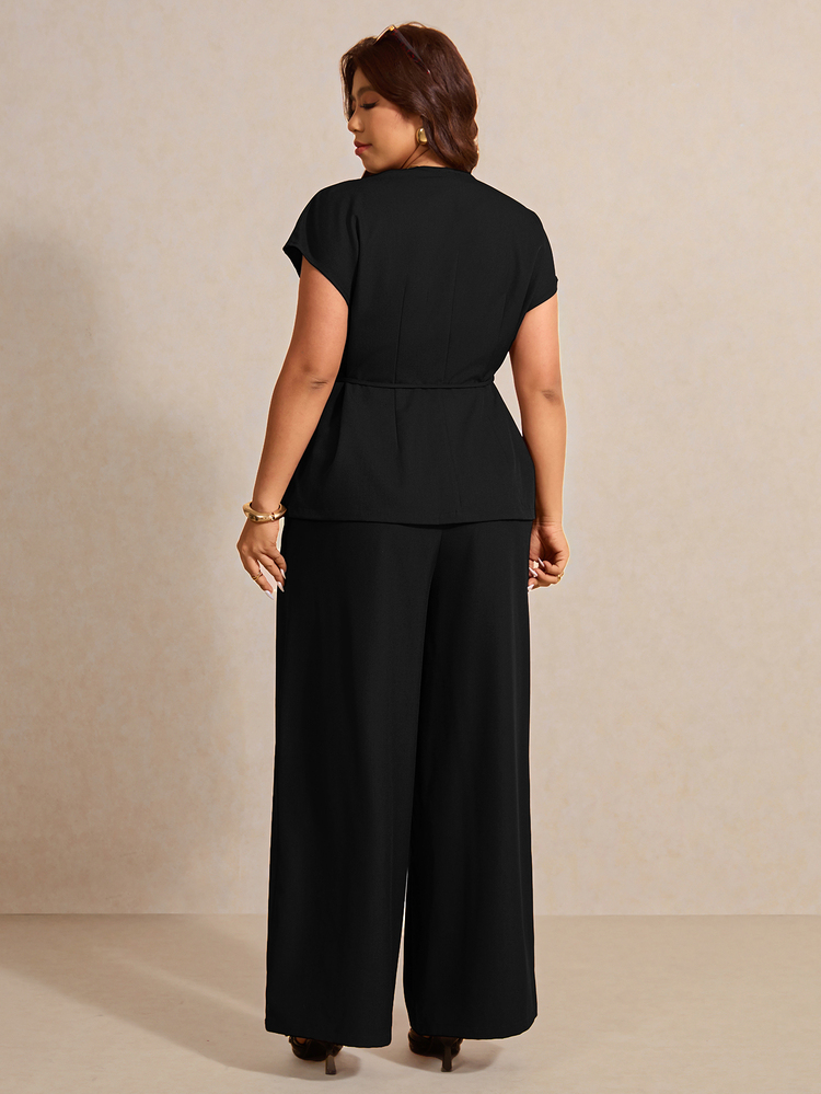 Elaquor Plus Size Women's Casual Decent Office Formal Commute Solid Color Wrap Tie Blouse And Wide Leg Pants Suit Set Suitable For Spring Summer Autumn Black - Black - View 2