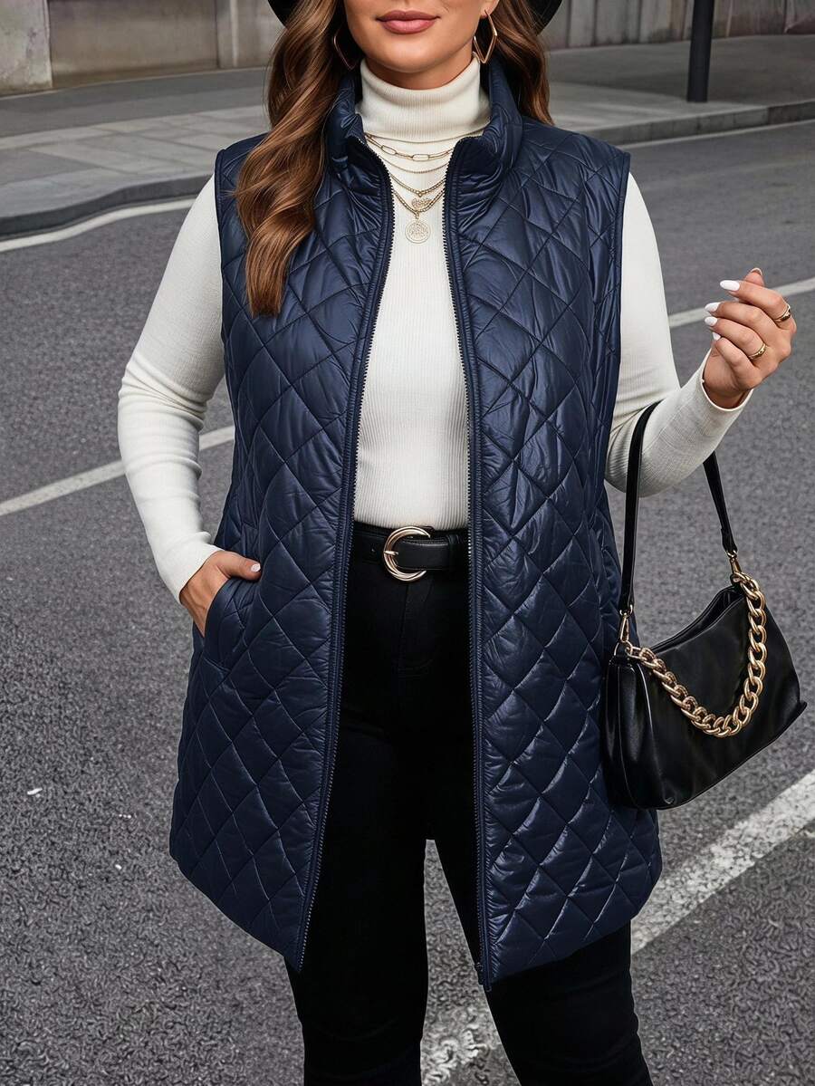 SHEIN Clasi Plus Size Front Zipper Long Sleeve Leopard Print Pocket Casual Padded Coat For Autumn And Winter Fall
