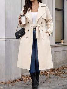 Reflora Plus Size Women's Long Lapel Trench Coat Fall - Apricot - View 1
