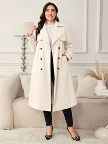 Reflora Plus Size Women's Long Lapel Trench Coat Fall - Apricot - View 6