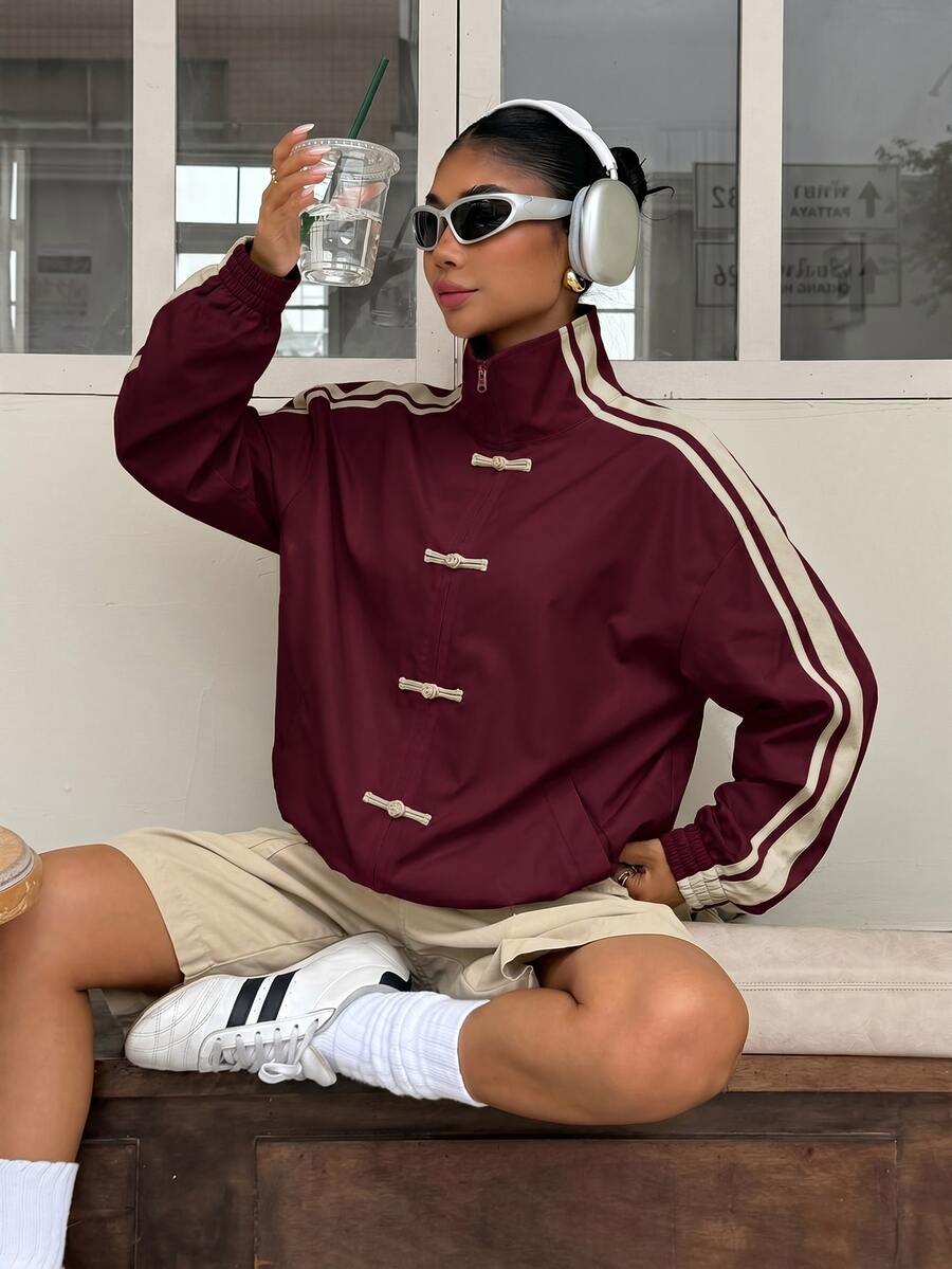 Muchica Burgundy Woven Women's Jacket With Frog Button Design And Side Stripes - Burgundy - View 1