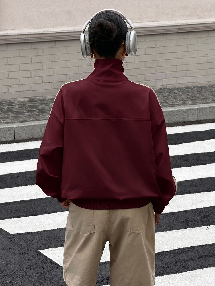 Muchica Burgundy Woven Women's Jacket With Frog Button Design And Side Stripes - Burgundy - View 2