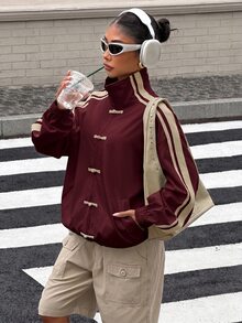 Muchica Burgundy Woven Women's Jacket With Frog Button Design And Side Stripes - Burgundy - View 4