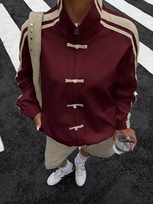 Muchica Burgundy Woven Women's Jacket With Frog Button Design And Side Stripes - Burgundy - View 5