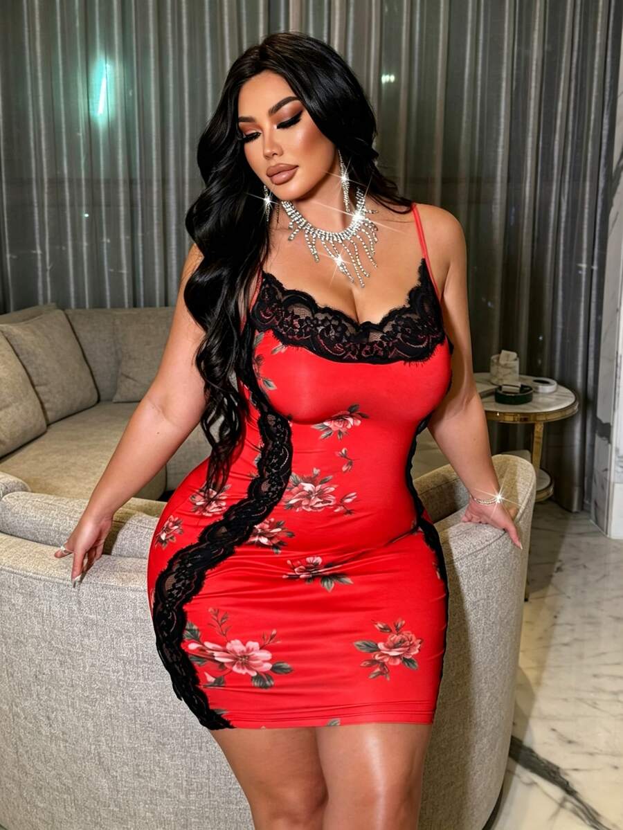 NU&NOW New Lace Patchwork Floral Sexy Slimming Spaghetti Strap Dress - Red - View 1