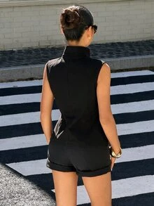 Muchica Women's Solid Color Double-Breasted Casual Sleeveless Trench Coat - Black - View 2