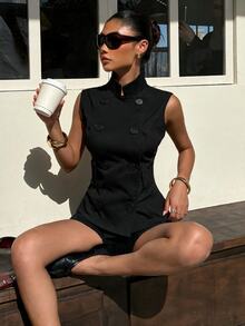 Muchica Women's Solid Color Double-Breasted Casual Sleeveless Trench Coat - Black - View 3