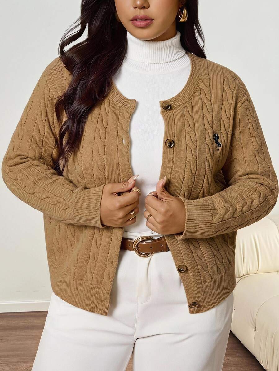 Comfylo Plus Size Women's Autumn Going Out With Fleece Lining Costumes Old Money Style Cardigan , Fall Winter - Brown - View 1