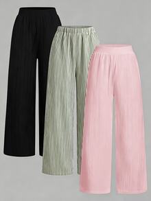 SHEIN Essnce 3pcs/Set Women's Casual Waist Tie Pockets Straight Leg Pants, Suitable For Summer - Multicolor - View 2