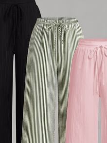 SHEIN Essnce 3pcs/Set Women's Casual Waist Tie Pockets Straight Leg Pants, Suitable For Summer - Multicolor - View 3