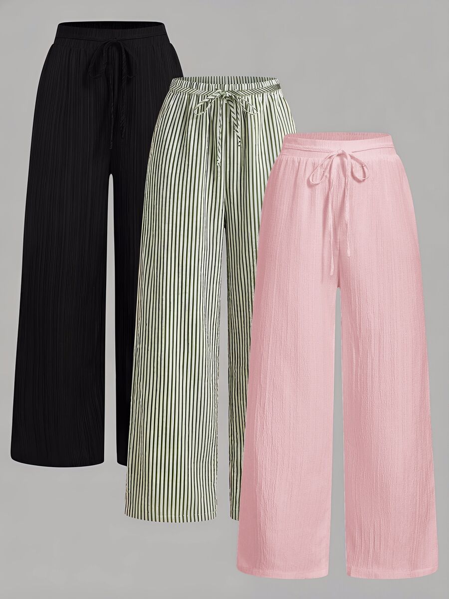 SHEIN Essnce 3pcs/Set Women's Casual Waist Tie Pockets Straight Leg Pants, Suitable For Summer - Multicolor - View 1