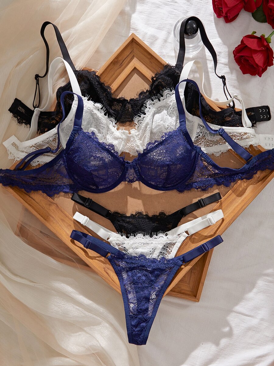 Myrelith Lace Eyelash Thin Bra Set - Multicolor - View 1