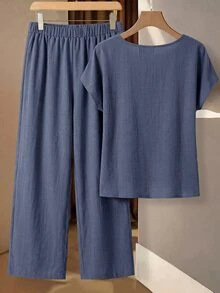 SHEIN Clasi 大尺碼夏季休閒前綁帶襯衫與長褲兩件套 - 藍色 - 查看 2
