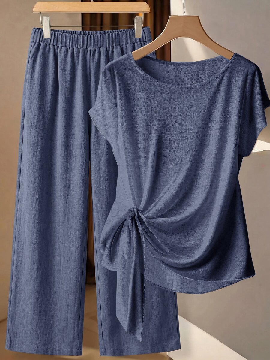 SHEIN Clasi 大尺碼夏季休閒前綁帶襯衫與長褲兩件套 - 藍色 - 查看 1