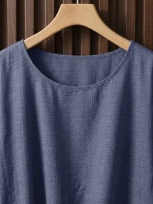 SHEIN Clasi 大尺碼夏季休閒前綁帶襯衫與長褲兩件套 - 藍色 - 查看 5