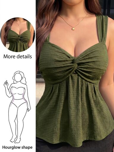 Enliva Plus Size Women's Twist Front Sleeveless Babydoll Knit Top, Sexy Summer Vacation Blouse Vacation Olive Green