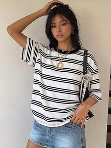 Lalippa 女士条纹圆领落肩休闲宽松百搭T恤 - 彩色 - 查看 4