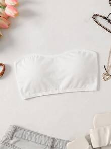 SHEIN Tween Girls Black Ribbed Kids Fashion Minimalist Comfortable Bandeau Tube Top, - White - View 1