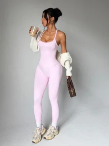 SHEIN Core Rhythm Women's Seamless Yoga Sports Jumpsuit - Pink - View 3