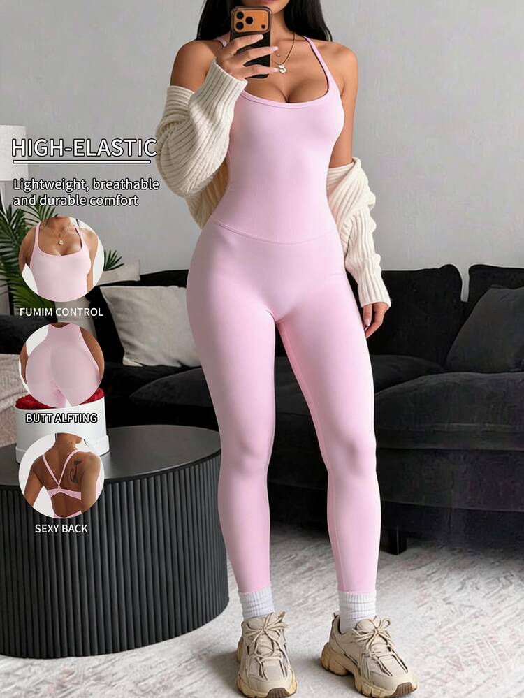 SHEIN Core Rhythm 女款無縫瑜伽運動連身衣 - 粉色 - 查看 1