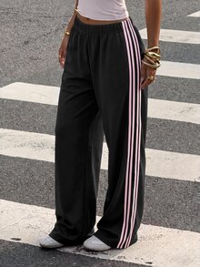Muchica 女款新款皇家藍紋理針織對比色織帶拼接休閒寬鬆運動長褲 - 黑色 - 查看 4