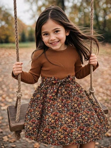 Emery Rose Kids Emery Rose Kids 女童度假拼接花卉下擺圓領長袖洋裝 - 彩色 - 查看 1