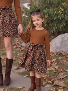 Emery Rose Kids Emery Rose Kids 女童度假拼接花卉下擺圓領長袖洋裝 - 彩色 - 查看 6