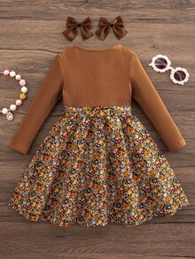 Emery Rose Kids Emery Rose Kids 女童度假拼接花卉下擺圓領長袖洋裝 - 彩色 - 查看 3