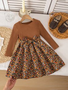 Emery Rose Kids Emery Rose Kids 女童度假拼接花卉下擺圓領長袖洋裝 - 彩色 - 查看 2