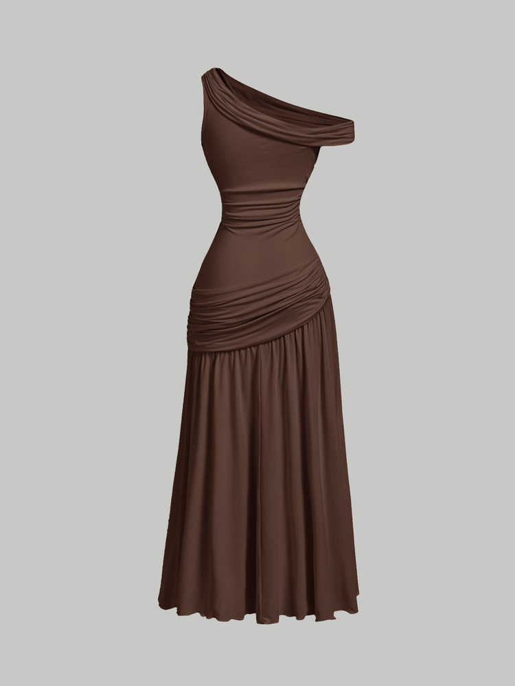 SHEIN MOD Women's Solid Color Asymmetrical Neck Waist-Cinching Ruffle Hem Dress Wedding Party Dinner Date Coffee Brown Summer Casual Elegant.Halloween. - Brown - View 2