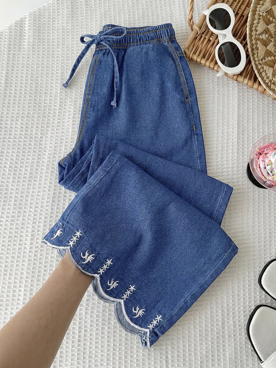 SHEIN Tween Girls' Embroidered Drawstring Waist Curved Hem Pocket Denim Jeans - Medium Wash - View 1