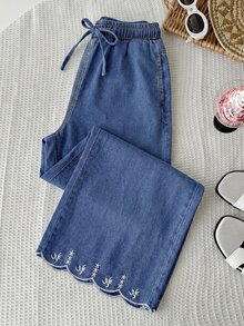 SHEIN Tween Girls' Embroidered Drawstring Waist Curved Hem Pocket Denim Jeans - Medium Wash - View 4