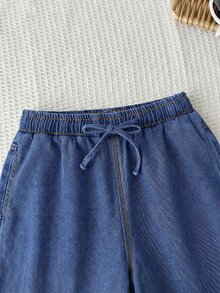SHEIN Tween Girls' Embroidered Drawstring Waist Curved Hem Pocket Denim Jeans - Medium Wash - View 3