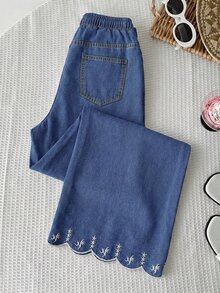 SHEIN Tween Girls' Embroidered Drawstring Waist Curved Hem Pocket Denim Jeans - Medium Wash - View 2