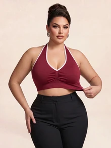 SHEIN Rhythm Era Plus Size Contrast Trim Backless Halter Neck Sports Bra Gym Burgundy Summer - Burgundy - View 3