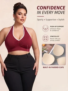 SHEIN Rhythm Era Plus Size Contrast Trim Backless Halter Neck Sports Bra Gym Burgundy Summer - Burgundy - View 1