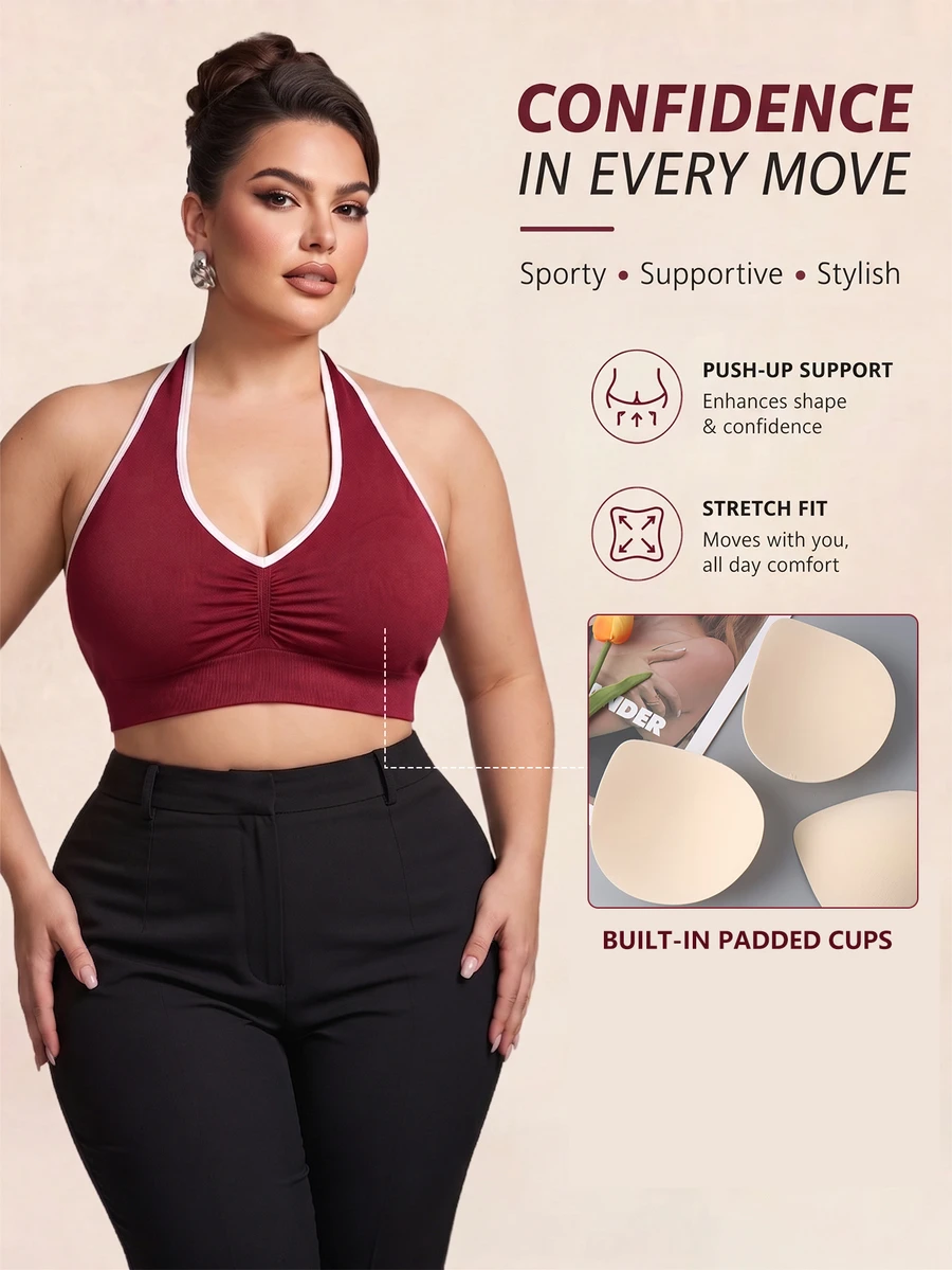 SHEIN Rhythm Era Plus Size Contrast Trim Backless Halter Neck Sports Bra Gym Burgundy Summer - Burgundy - View 1