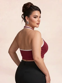 SHEIN Rhythm Era Plus Size Contrast Trim Backless Halter Neck Sports Bra Gym Burgundy Summer - Burgundy - View 5