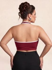 SHEIN Rhythm Era Plus Size Contrast Trim Backless Halter Neck Sports Bra Gym Burgundy Summer - Burgundy - View 2