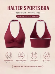 SHEIN Rhythm Era Plus Size Contrast Trim Backless Halter Neck Sports Bra Gym Burgundy Summer - Burgundy - View 4