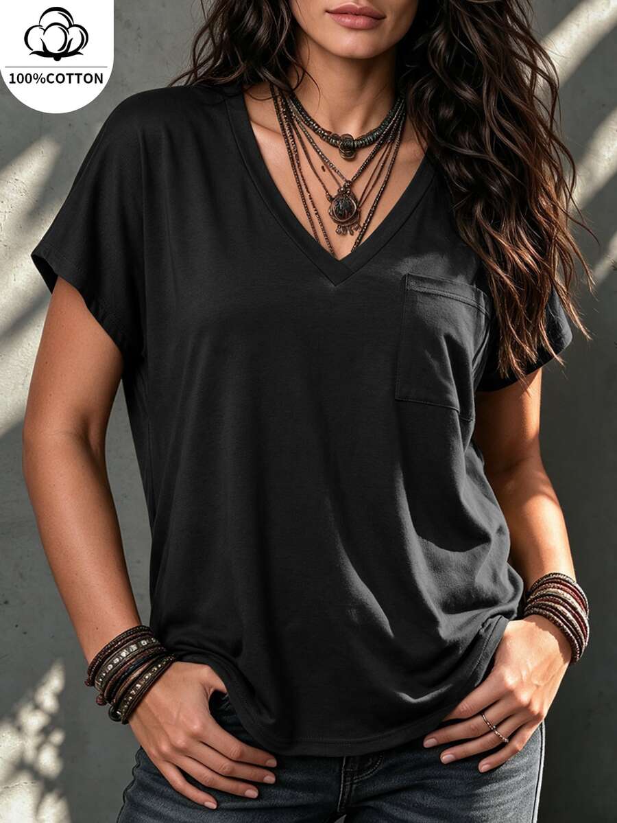 Vionelle Plus Solid Pocket Patched Batwing Sleeve Tee