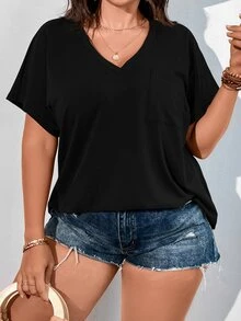 Vionelle Plus Solid Pocket Patched Batwing Sleeve Tee - Black - View 7