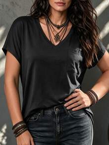 Vionelle Plus Solid Pocket Patched Batwing Sleeve Tee - Black - View 4
