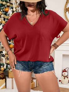 Vionelle Plus Solid Pocket Patched V Neck Tee For New Year Clothes - Red - View 6