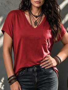 Vionelle Plus Solid Pocket Patched V Neck Tee For New Year Clothes - Red - View 3