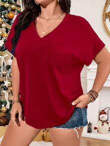 Vionelle Plus Solid Pocket Patched V Neck Tee For New Year Clothes - Red - View 7